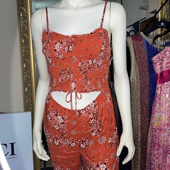 Derek Heart Jumpsuit Ruched Rust Floral Adjustable Pantsuit w Adjustable Top 🆕 - Picture 5 of 12
